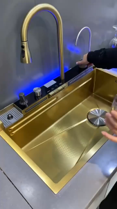 [SG Seller]SUS 304 Stainless Steel Gold Kitchen Sink Integrated Large Single Sink LCD Display Kitchen Sink Sink