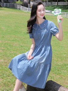 Summer 2023 New Girls Denim Dress High Waist Midi Length Princess Dress Cotton Material Embroidered Details Zipper Closure