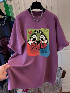 plus Size Womens Purple Cotton Short Sleeve T-Shirt Summer Loose Cartoon Print Cover up Top Korean Style round Neck Commute