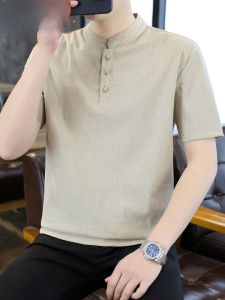 HENGYUANXIANG | Hengyuanxiang Mens Short Sleeve T-Shirt Casual Cotton Linen Summer Fashion Urban Style Pure Color Dad Clothes Button Up Top