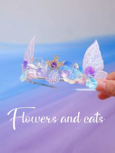 มงกุฎผมเด็กผู้หญิง มงกุฎปลาดิบทะเลสีสดใส มงกุฎเจ้าหญิงฤดูใบไม้ผลิและฤดูร้อน ของขวัญวันเกิด ดอกไม้และแมว แฟชั่นเด็ก