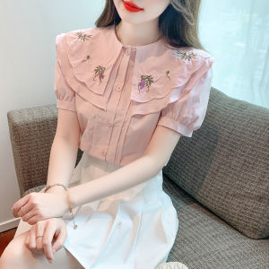 YIGE Korean version of womens shirt new summer design embroidered fashion shirt sweet and age reducing doll collar Korean version of top