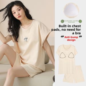 Miiow | Pure Cotton Summer Sleepwear Short Sleeve Shorts Home Leisure Womens Thin Style MiiOW Cat Person Casual Home Clothes Set