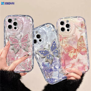 XInGHAi Casing hp Untuk Samsung A54 5G A55 A35 A05S A24 A14 A15 A04e A13 A04s A10s A20s A30s A21s A12 A02s A32 A51 A23 A50s A52s A50 A03s A52 A11 A20 M10 S23 FE Shining Butterfly Pattern Cover Motif Bracelet Case