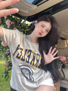 GUZILIAN | Loose Round Neck T-Shirt Summer New Style Hong Kong Style Letter Print Design Overhead Short Sleeve Grey Top For Women