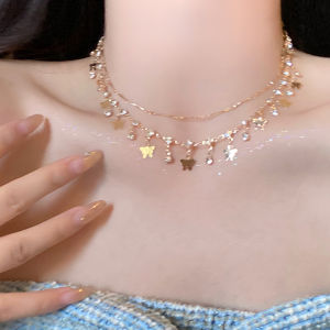 Exotic Princess Butterfly Double Layer Necklace Womens Style Sweater Chain Fashion Jewelry  out French Vintage DRK101001