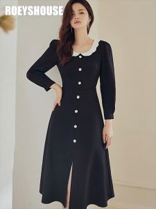 Đầm lá cổ kiểu đen suông dài xẻ trước