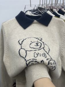 Loose Bear Pattern Knitwear Polo Collar Sweater Womens Autumn Winter Fashion Anti-Aging Casual Long Sleeve Top for plus Size