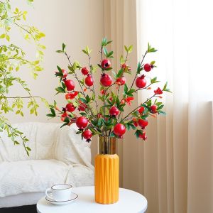 Cành lựu giả - 6 quả có hoa - Cây giả hoa lụa Decor trang trí nhà cửa