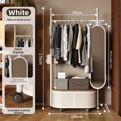 HUIXIONGKANLAN | Creamy Style Floor Standing Bedroom Coat Rack With Mirror