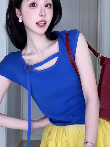 chaqi | Klein Blue Slim Fit Short Sleeve T-Shirt Womens New 2025 Summer High End Unique Style Top Comfortable Commute Style Pure Color