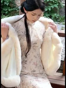 Imitate Rex Rabbit Fur Furry Cloak White Knitted Fabric Cardigan Cape Plush Collar Inverness for Cheongsam Outer Winter
