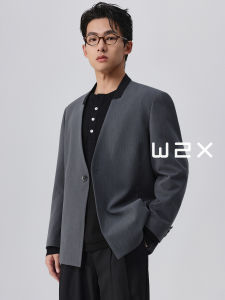 New W2X2024 Autumn Casual Color Block Collarless Chinese Style Mens Suit Jacket Standard Fit Long Sleeve Single Button Closure