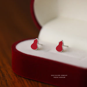 ต่างหูเงินแท้ S925 ทรงถั่ว ดีไซน์เก๋ไก๋สำหรับผู้หญิง เครื่องประดับสีแดงสำหรับเด็ก ไม่ต้องถอดในช่วงเทศกาลปีใหม่