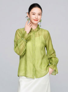 SANGMAN | Elegant See-Through White Chinese Style Long Sleeve Blouse
