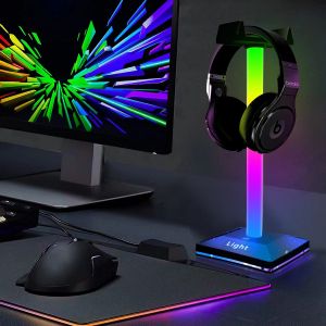 New RGB Gaming Headphone Stand Dual USB Port Touch Control Strip Light Desk Gaming Headset Holder Hanger Earphone Accessories