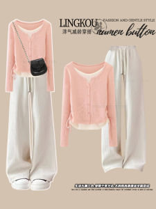 plus Size Spring Korean Style Set Womens Ageless Slimming Wide Leg Casual Pants Two Piece Set Pink Top Long Sleeve round Neck