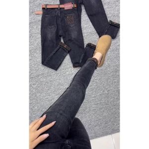 กางเกงยีนส์ทรงสลิมฟิตเอวสูง ทรงเดโม่ กางเกงขายาวทรงปากกา กางเกงขายาวลำลองสำหรับผู้หญิง สีเทาดำ ฤดูใบไม้ผลิและฤดูใบไม้ร่วง