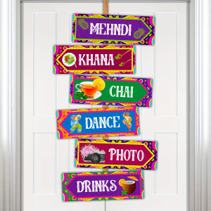 6pcs Indian Wedding Directional Sign Set Colorful Mehndi Party Signs for Khana Chai Dance Photo and Drinks Station Decor