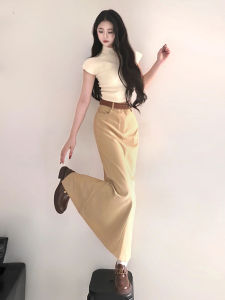 French Elegant Short Sleeve Dress Women Summer High-Cold Lady Waist-In Long Dress Sweet And Spicy Two-Piece Set High Waist A-Line Skirt
