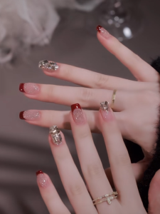 Handmade White Enhancing Diamond Embedded Nail Art Wearable False Nails Removable Nail Stickers French Style Red Wine Color