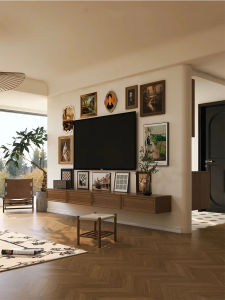 Chinese-French Retro Style Solid Wood Small Apartment Narrow Hanging TV Cabinet Living Room Bedroom Modern Minimalist Caramel