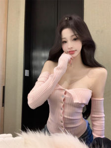 Áo Len Dệt Kim Tay Ngắn Màu Hồng Gợi Cảm Cho Nữ Mùa Thu Đông Dáng Ôm Vừa Vặn Cổ Chữ V Dài Tay Áo Chui Đầu Thường Ngày