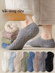 JINGCHI | Tất thuyền lông cừu dày chống trượt trong nhà cho nam mùa đông giữ ấm bằng vải polyester và polyurethane