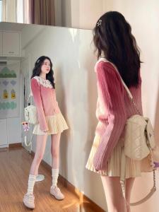 Gradual Pink V-neck Knitted Sweater Womens Early Spring Design Unique Outerwear Comfortable Loose Style Long Sleeve Knitwear