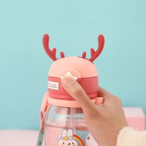 Babys Straw Sippy Cup Antler Drinking Bottle with Strap Belt