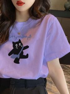 2026 New Pure Cotton round Neck Short Sleeve T-Shirt Womens Fashionable Versatile Purple Top Basic Style Summer Casual Wear