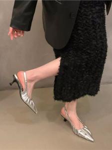 Christy Kathy French Style Silver High Heels Sandals New 2025 Pointed Toe Kitten Heels Womens Shoes Summer Fashionable Low Cut Cross Buckle Ankle Strap