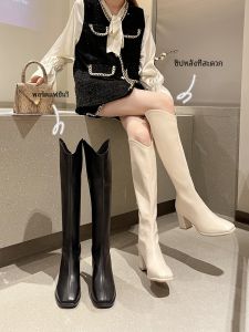 รองเท้าบูทส้นสูงสีขาว ฤดูใบไม้ร่วง/ฤดูหนาว รองเท้าบูทส้นสูงแบบสวมสำหรับผู้หญิง รองเท้าบูทส้นสูงทรงหัวเหลี่ยม วัสดุ PU วัสดุด้านใน