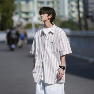 HetingHOME | Áo sơ mi nam tay ngắn Hetinghome mùa hè dáng rộng kẻ sọc thời trang hợp thời trang cotton thường ngày cài nút cổ bẻ