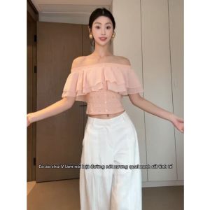 YUEZHONGWEI | Áo Thun Màu Hồng Dáng Trễ Vai Voan Pháp