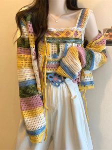 Bohemian Hollow out Knitted Cardigan Womens Autumn Wear Design Sense Camisole Two Piece Set Top Casual Style Long Sleeve V Neck