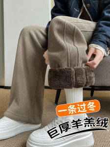 Lamb Velvet Wide Leg Pants Winter Warm Straight Cut Trousers for Teenage Girls High Waist Elastic Waistband Casual Pants