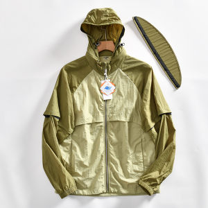 Upf50+ Lightweight Movable Sleeve Outdoor Casual Mens Summer Sun Protection Jacket Loose Fit Nylon Fabric Zipper Closure