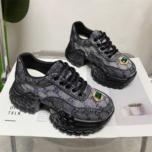 Trendy Water Diamond Dad Shoes Womens Canvas Thick Bottom Heightening Lightweight Platform Casual Shoes Cross Buckle Design