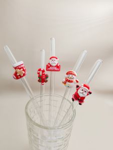2/6Pcs Christmas Glass Straw Set5 festive designs with cleaning brush. Perfect holiday gift for parties & gatherings.