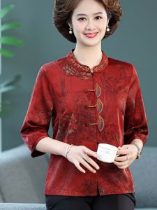 เสื้อเชิ้ตไหมไหมพรมไหมหม่อนลายดอกไม้แขนยาวปกติสำหรับผู้หญิงวัยกลางคนและผู้สูงอายุในฤดูใบไม้ผลิและฤดูร้อน