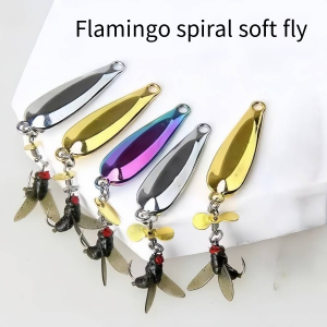Flamingo spiral soft fly fishing lures with hooks and propellers in silver gold purple colors for freshwater and saltwater fishing.