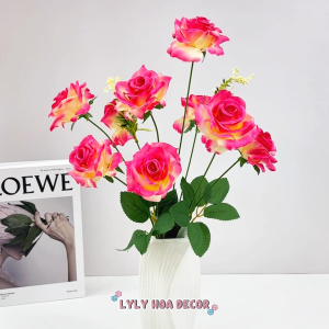 Cụm Hồng Điểm Hoa 9 Bông dài 47cm Bó Hoa Cắm Giỏ Trang Trí Sự Kiện. Hoa Lụa Decor
