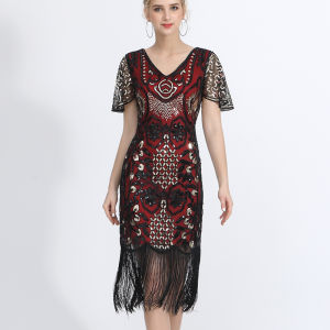 SUPERLI 2024 ผู้หญิงเลื่อม Beaded Art Deco Flapper ชุด20S Great Gatsby Party Fringe ชุด V คอกลีบแขนเย็บปักถักร้อย Midi ชุด