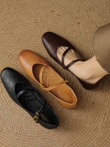 รองเท้าส้นแบน Mary Janes หนังแกะนุ่มสไตล์ฝรั่งเศสสำหรับผู้หญิง ทรงหัวมน ส้นเตี้ย พื้นยาง รองเท้าแฟชั่นฤดูใบไม้ผลิและฤดูใบไม้ร่วง