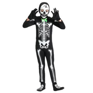 LOlanta 4Pcs Kids Boys Skeleton Costume Glow in the Dark Tight Fitting Jumpsuit Halloween Makeup Ball Vampire Dress Up Outfit for Children