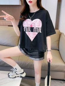 Heart Print Short Sleeve Womens T-shirt Pure Cotton Loose plus Size Summer High Waist Short Style Small Figure Back Split Top