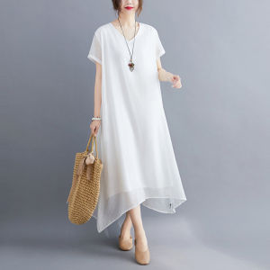 ชุดเดรสยาวผ้าไหมคอวีทรงหลวมสำหรับผู้หญิงไซส์ใหญ่ สไตล์ลำลอง แขนสั้น ทรงหลวม เอวสูง ชุดทำงานฤดูร้อน