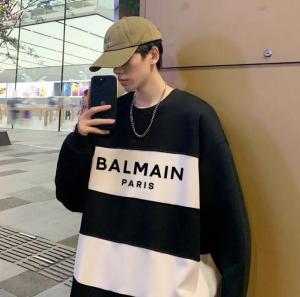 Original BALMAINˉPARIS Pure Cotton Heavyweight Round Neck Striped Long Sleeved T-Shirt for Men and Women Spring and Autumn Japanese High-End Fake Two-Piece Simple Pullover Bottom Shirt