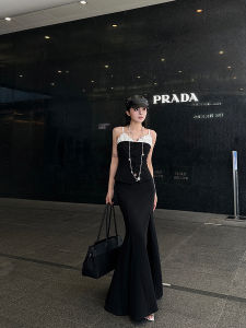 Oreo Color Lace Edge Halter Neck Long Dress Set Slimming High Waist Butt Hugging Two Piece Cotton Blend Spring Fashion Set